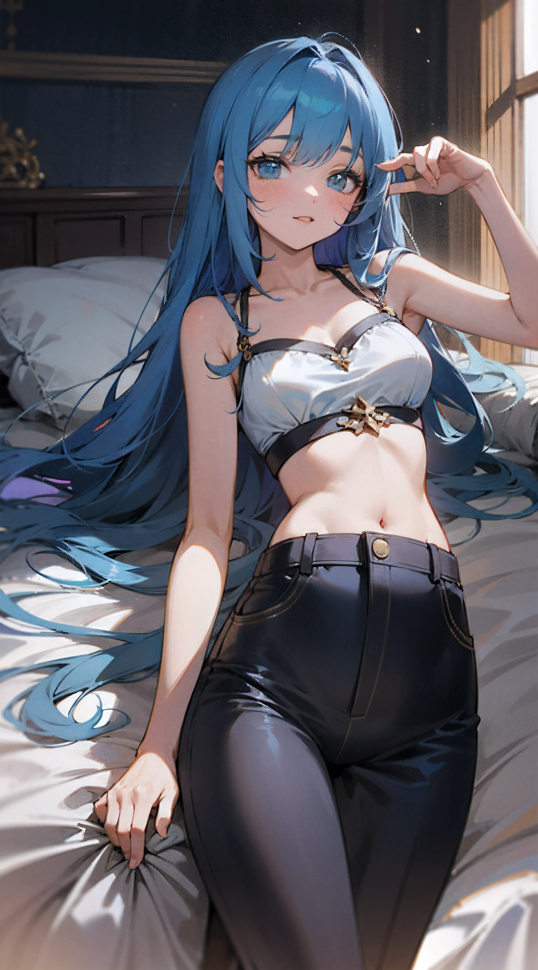 最high quality、best image quality、masterpiece、girl((20-year-old、 By becoming、vest bust、medium bust,wide open breast tea、shining eyes, neon hair、long hair、thin,highest valley、black tank top、blue pants、full body tattoo,diamond earrings、Wristband、necklace,sleep in bed,lie)),high quality、beautiful art、background((Beautiful hotel room))、Flight、debris flies、Depth of written boundary、movie、visual art、perfect art、8k,genuine、Top-down perspective