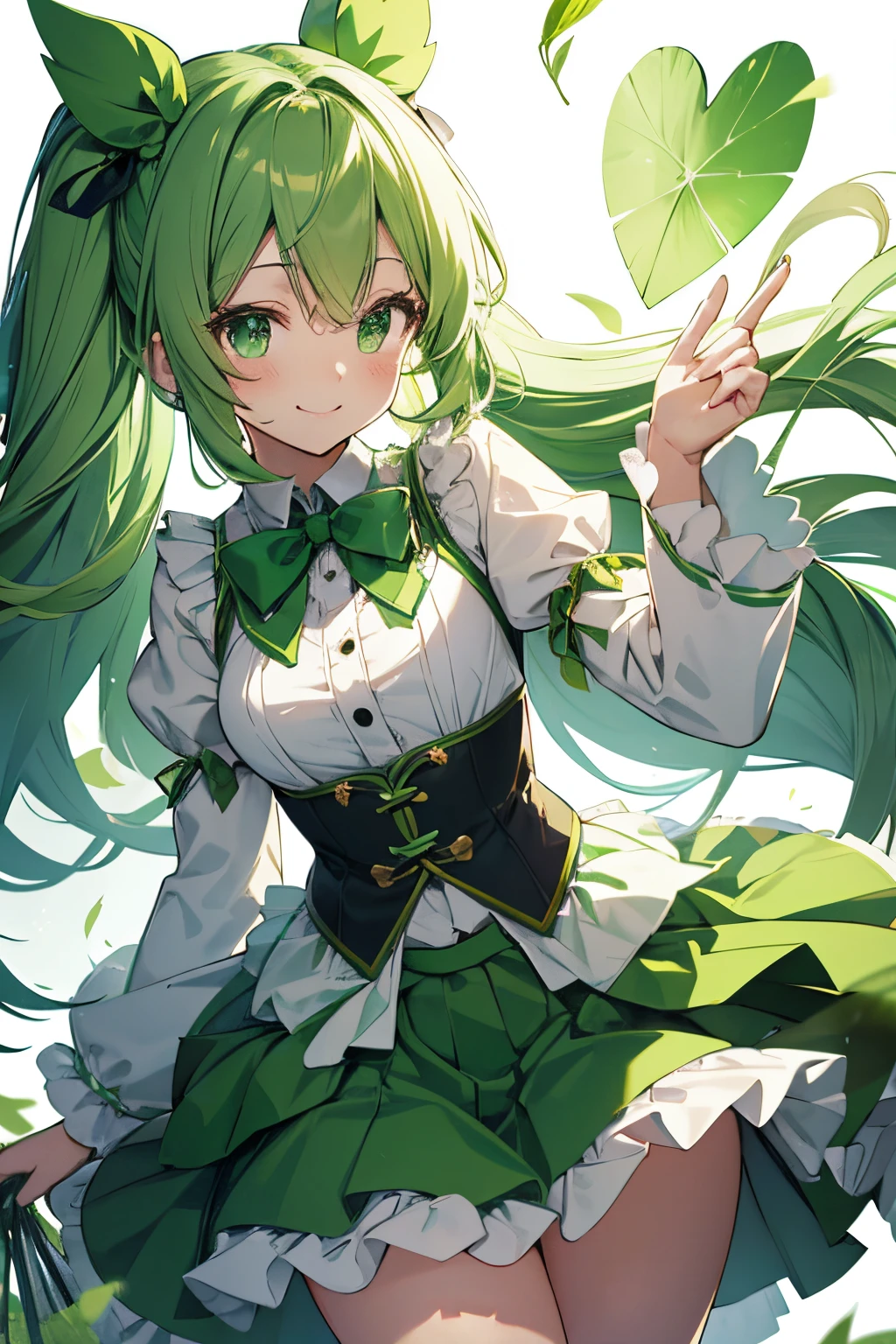 cute green magical girl，green colored hair，Green heart ribbon on the chest，green heart-shaped stick，kirakira，flying though the air:1.2，(Fluffy skirt:1.2)，Leaves are dancing，A smile