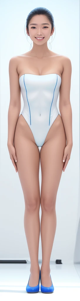 on the white background,a tall and beautiful chinese girl,with fair skin,Toothy smile,Hefty Smile,When you laugh, Your eyes are crescent-shaped,blunt bangs, hair straight,Wear a one-piece swimsuit and pumps,Swimsuits are decorated with joyful patterns, standing straight,stand firm,hands on sides,Symmetrical distribution,Ray tracing,All shaded areas, led floodlights, forward light, 1.4x True-to-life Ultra HD