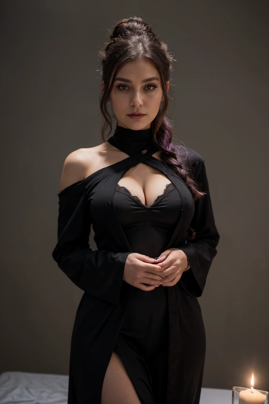 ((best quality)), ((masterpiece)), (detailed), perfect face, Envision an art drawing of a bewitching gothic female with dark purple hair styled in a sophisticated updo, her eyes adorned with smoky eyeshadow and dramatic eyeliner. Her dark robe, tailored to accentuate her curves, exudes an air of confidence and allure. Use a dimly lit, candlelit setting to enhance her mysterious charm.