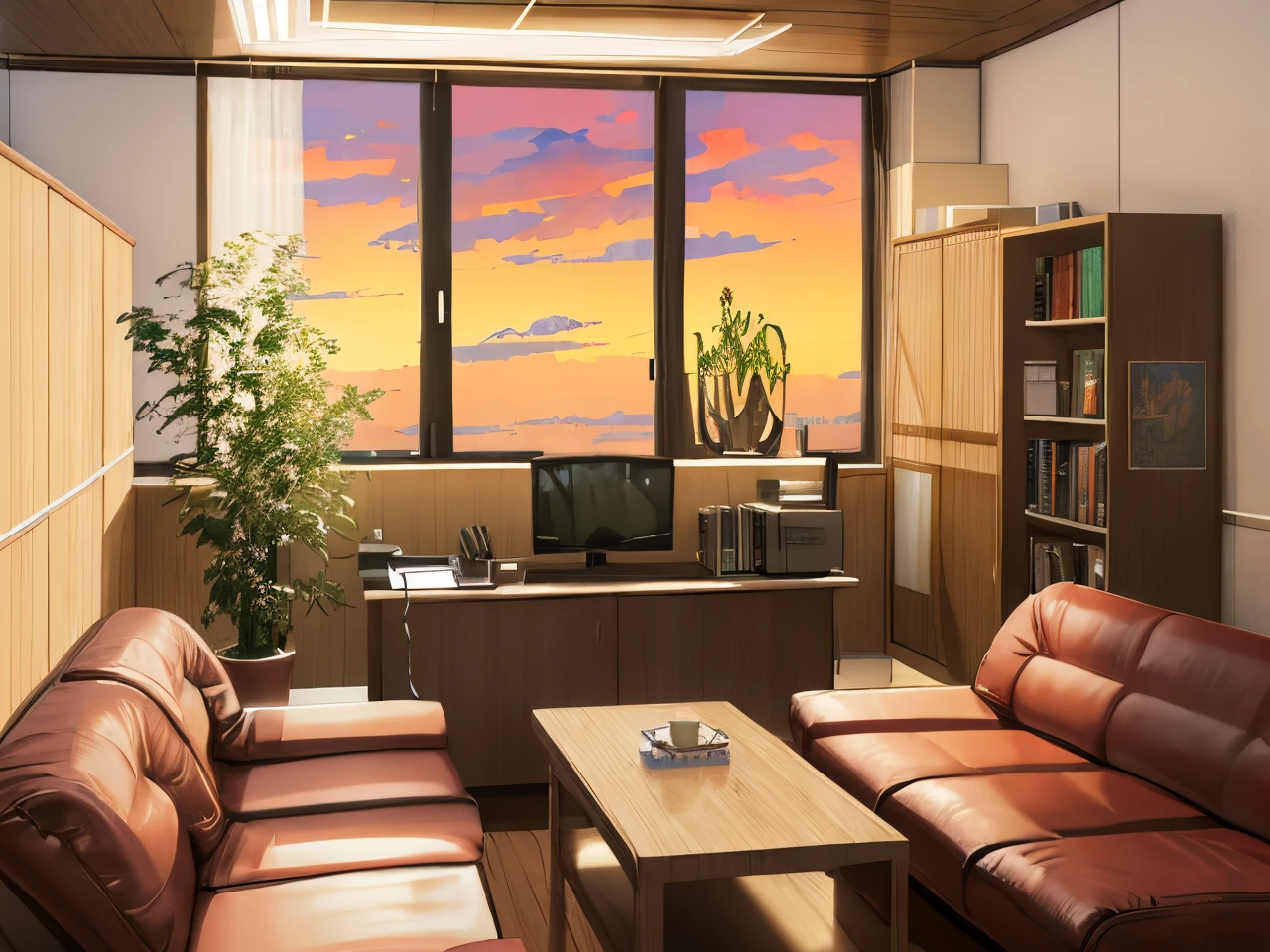 (((Morning room)))、Some rooms have a sofa, The table, and bookshelves, Anime Background Art, personal life background, Office Background, anime scenery concept art, style of madhouse studio anime, interior background art, Relaxing environment, Anime scenery, corner office background, Beautiful anime scenery, typical anime classroom, Anime Background, studio glibly makoto shinkai