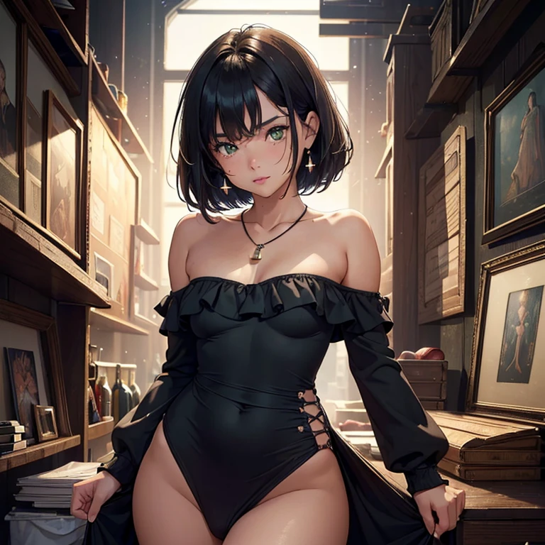 ((Masterpiece: 1.5, Best quality, High resolution: 1.3, Super resolution, Super detailed, Ultra detailed:1.3, Rich background:1.2)) (girl 1) dark skin + tan skin + green eyes + black hair + short hair + body curvy + small boobs + wide hips + many freckles on the shoulders and cheeks (black tight dress, large red open cotton sweater, small neckline, cute necklace, morden clothes) (positive and naughty attitude)