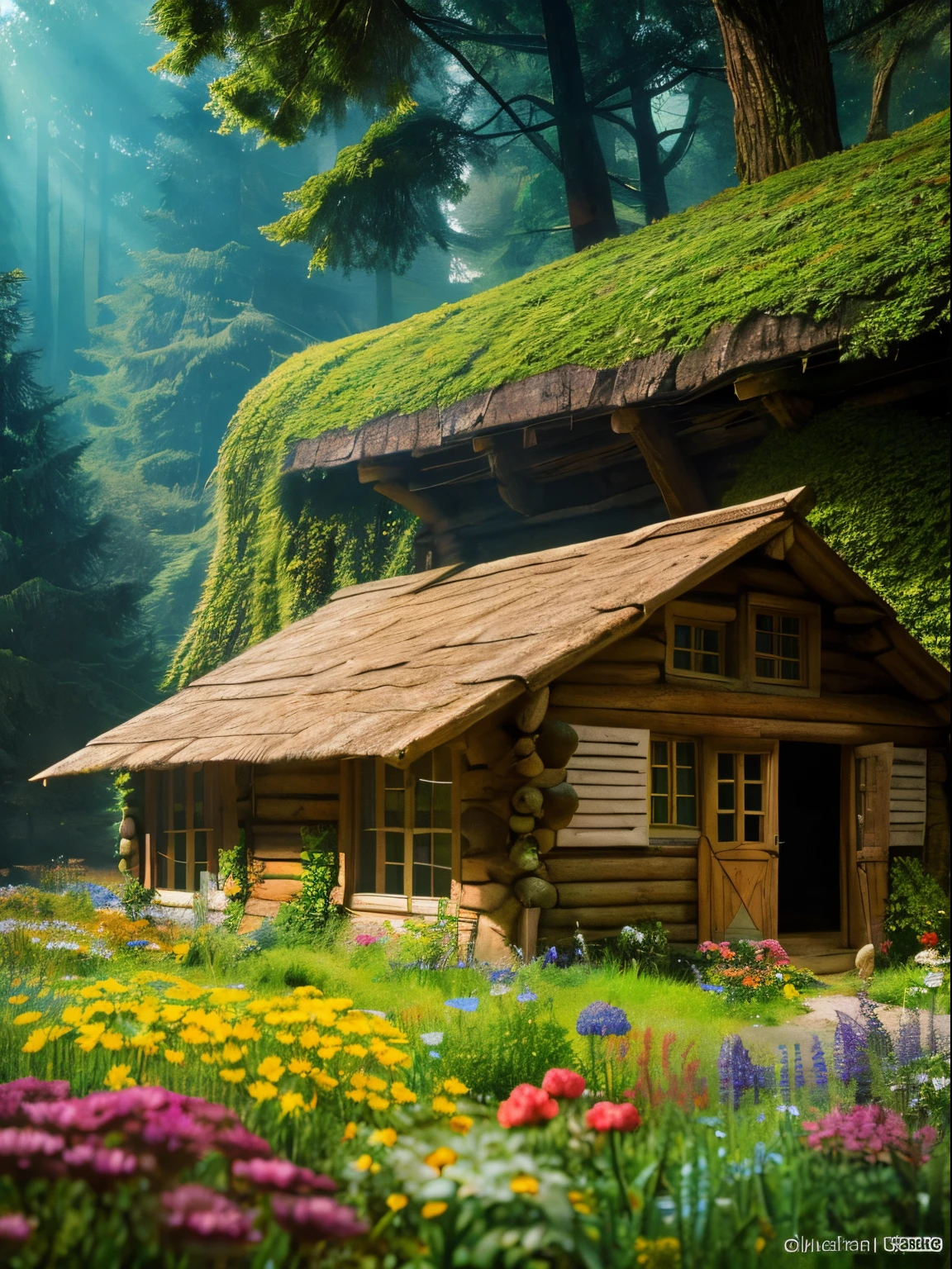 forest fae, Beautiful forest hut, Root knots, vivd colour, Rough Trees々, Fractional leafy plants, Natural sunlight, intricate-detail, ultrarealistic digital art, A lot of small flowers of various colors.., (Hypersaturated:1.2), jean baptiste monge, Gilles Beroeil, Tyler Edlin, Marek Okon, Pixar, album covers, Cartoon style, Golden ratio, Perfect composition, master piece, Trending on ArtStation