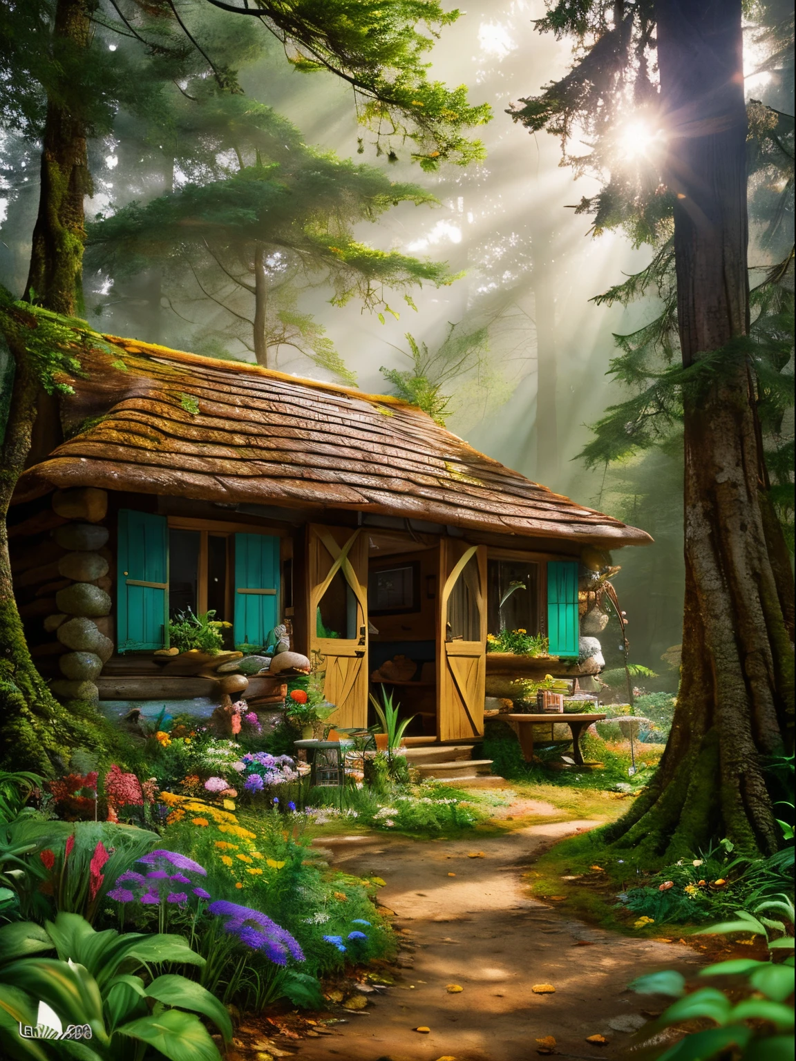 forest fae, Beautiful forest hut, Root knots, vivd colour, Rough Trees々, Fractional leafy plants, Natural sunlight, intricate-detail, ultrarealistic digital art, A lot of small flowers of various colors.., (Hypersaturated:1.2), jean baptiste monge, Gilles Beroeil, Tyler Edlin, Marek Okon, Pixar, album covers, Cartoon style, Golden ratio, Perfect composition, master piece, Trending on ArtStation