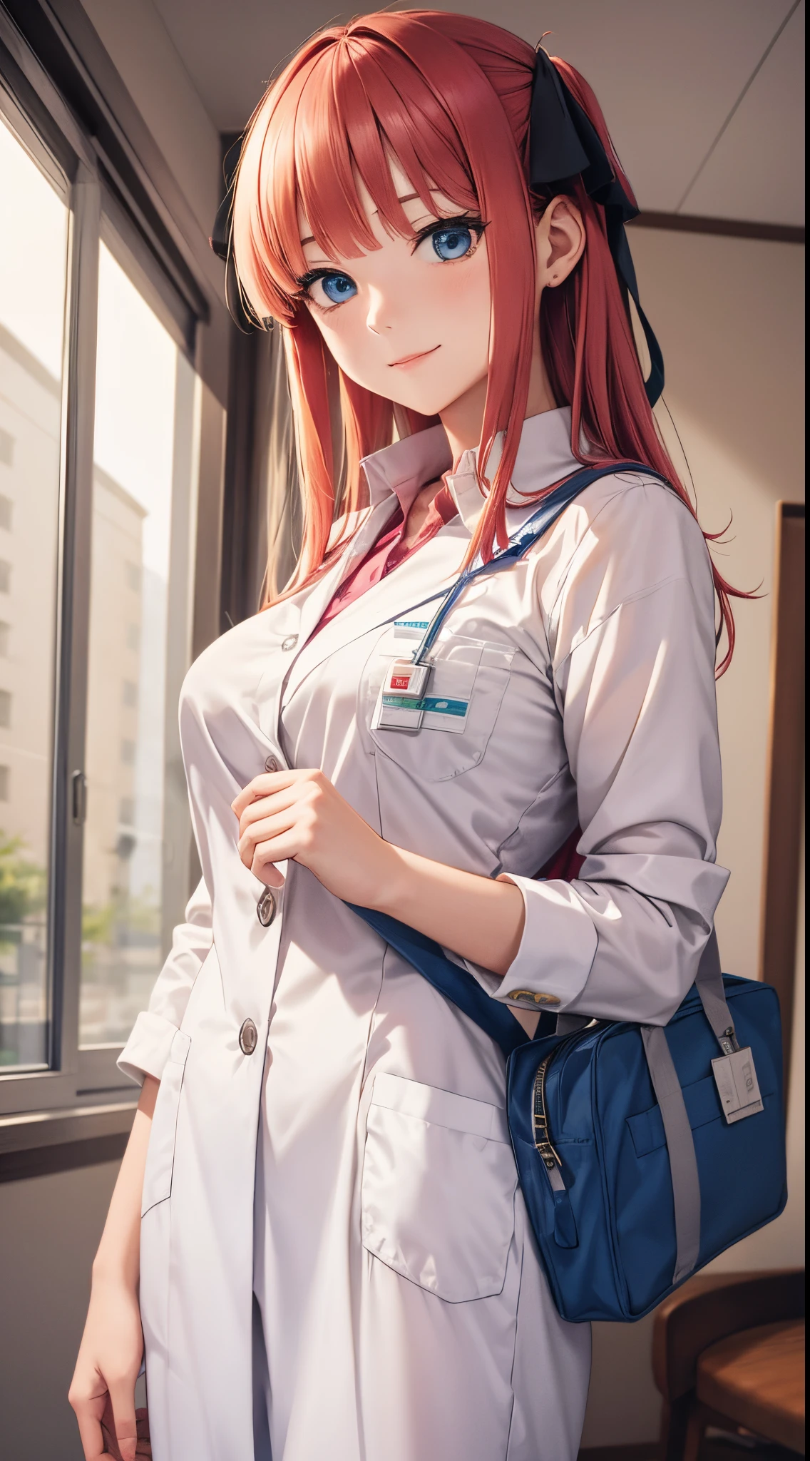 Nino Nakano sonriendo,sexy,uniforme de doctora, hospital