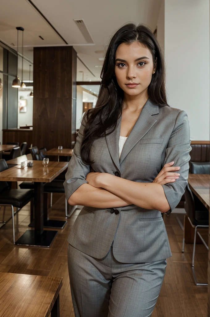 wide angle of an european business woman, wearing office wear suit, attending meeting in restaurant, pose like giving presentation,  black hairs, beautiful eyes, realistic photography