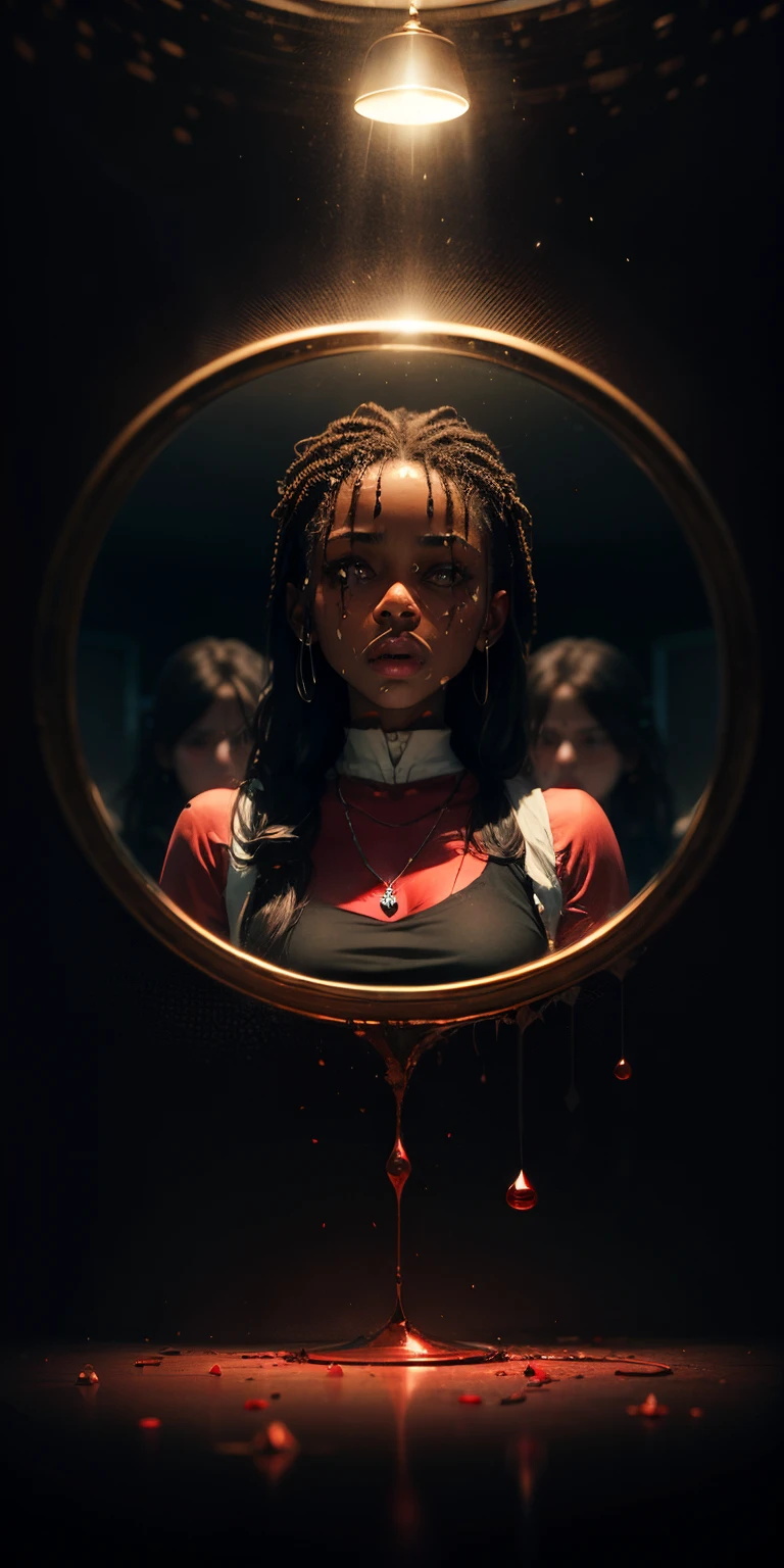 Pitch black person, mirrors background, levitating, sweating red drops