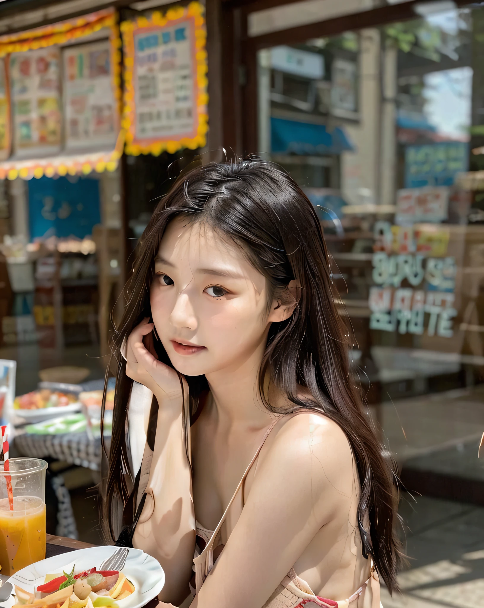 there  a woman sitting at a table with a plate of food, gorgeous young korean woman, beautiful south korean woman, korean girl, beautiful young korean woman, a young asian woman, jaeyeon nam, heonhwa choe, korean woman, young asian girl, an asian woman, beautiful asian girl, jinyoung shin, asian girl, taejune kim, young asian woman, xxmixgirl, 16 year-old girl, big breast, tan lines, deep photo, depth of field, Superia 400, shadows, messy hair, perfect face and body, dark, nighttime, dark photo, grainy, seductive smirk, cleavage, big boobies, FilmGirl, real breasts, big_boobies, skinny body, cutegirlmix, no underwear, sexy face, big_boobies, nude_shirt, Eimi, FilmGirl, nsfw:1.8