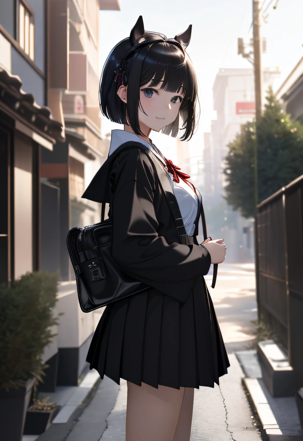 ((Marl、Horse ear headband、fake horse ears)）、(lightly dressed、cleavage of the breast、fully body photo、Beautiful legs)、((Highly detailed portrait of one girl standing on a street corner、Ominous aura halo、nffsw、in school uniform、Smile、Backlighting、Patsun、Short hair、Black hair、Black eyes、a short bob、Straight))、1girl in、​master piece、japanaese girl、absurderes、hight resolution、ultra-detailliert、depth of fields、​masterpiece、extremely details CG、3D Photography、3D background、Unity、8K、Hi-Res、top-quality、shadowy、foco nítido、pale-skinned、A detailed eye、blurry backround、dynamic ungle、The most amazing super feat exaggeration、a closed mouth、superclear