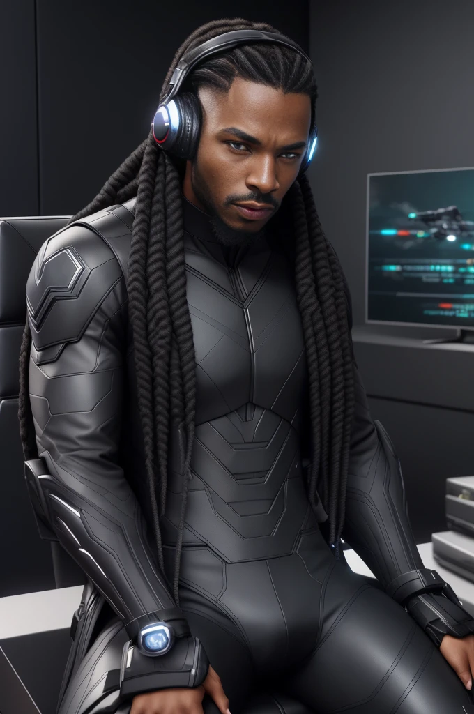 arafed man in a black suit with hints of red sitting in a chair with headphones, 3 d render character art 8 k, cyber suit, black thor, artstation mans aesthetic, wakanda, 8k portrait render, black scales and cyborg tech, cyberpunk suit, black octane render, diverse cybersuits, high res render, black cyberlox, commission for high res
