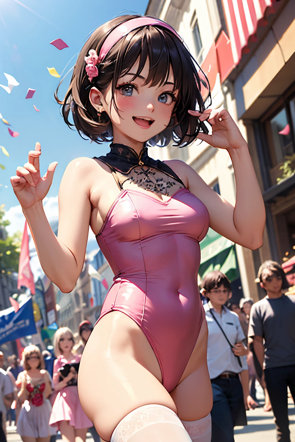 very cute and beautiful girl,(highly detailed beautiful face and eyes:1.2),(pink leotard:1.2),(sleeveless),(laugh),
festival in town street,(parade:1.2),(many people wearing pastel costume),flags,confetti in sky,outdoors,depth of field,
(cowboy shot),zettai ryouiki,standing,detailed legs,dynamic pose,dynamic angle,black hair,hair band,
(best quality,masterpiece:1.2),intricate details,highres,solo focus,natural lighting,hair fluttering in the wind,
