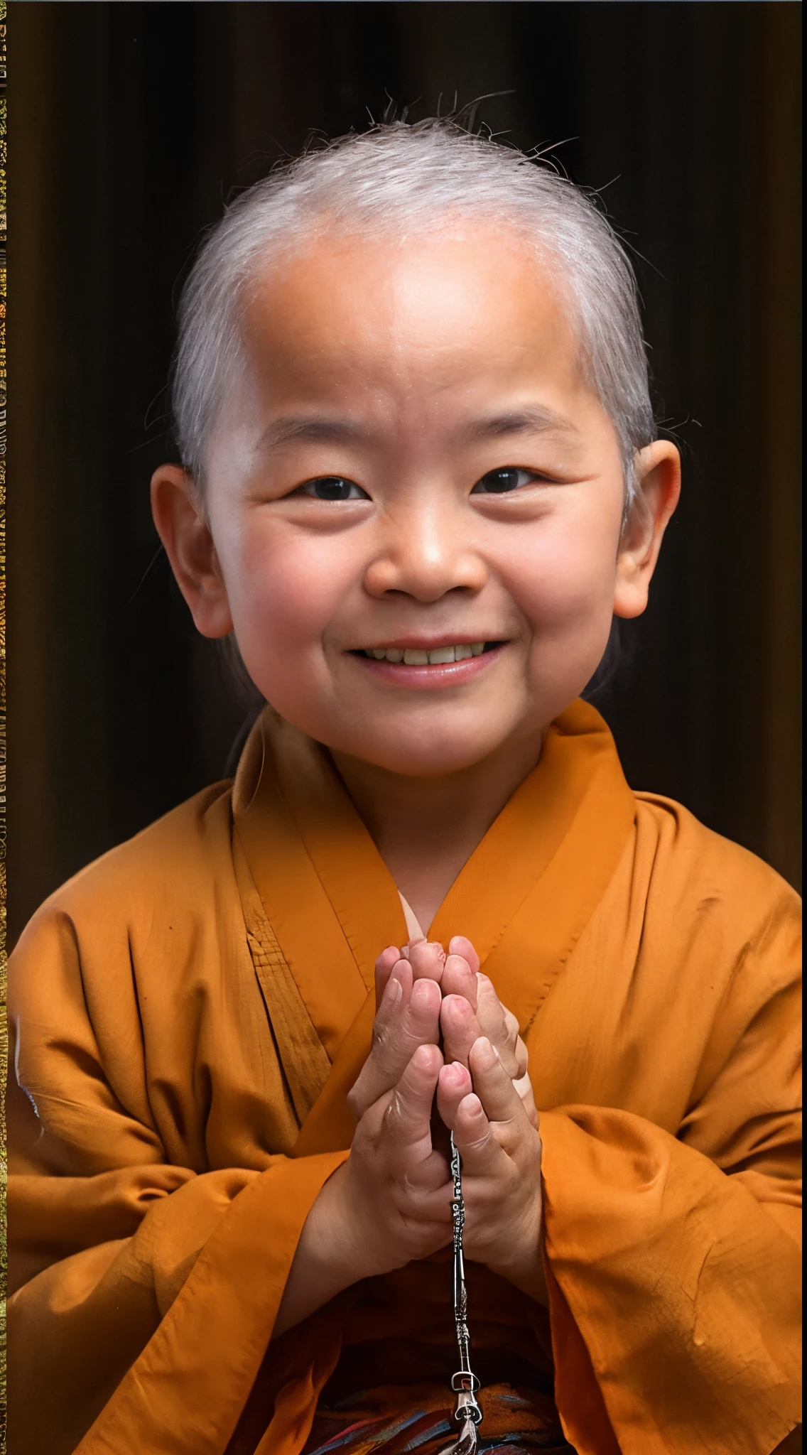 A little monk with an infant,I was holding hands,sitting cross-legs,Orange monk's robe,Facial features tailored to the viewer,black backgrounds