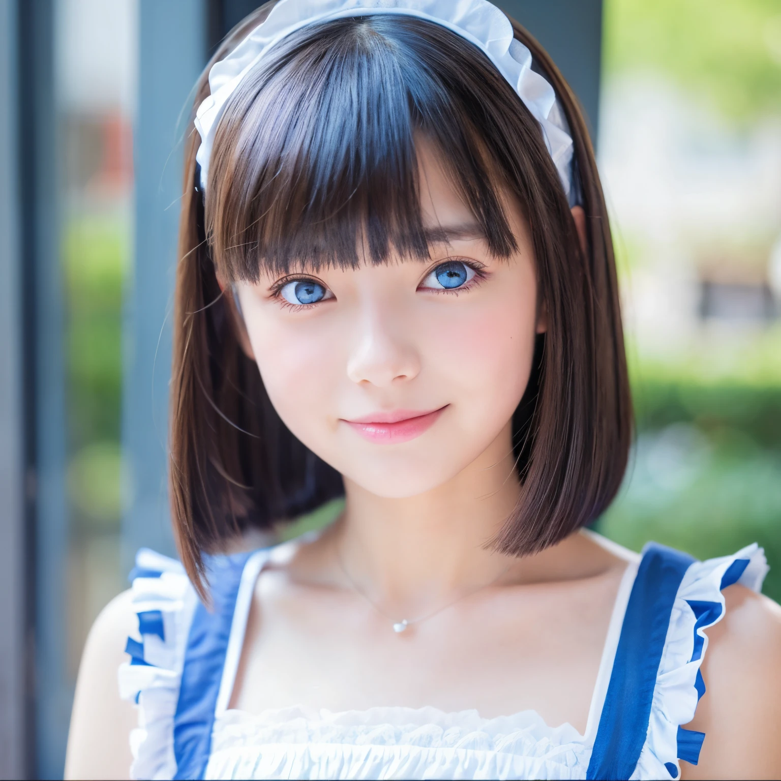 A very cute girl with her right eye covered by her bangs, pale blue bob hair, and blue eyes wearing a maid outfit.