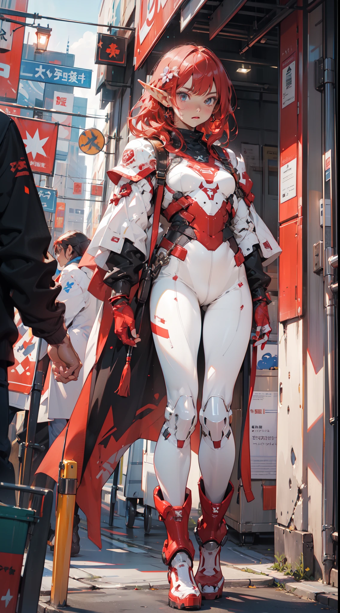(((masterpiece, best quality))), (elf), (1girl), solo, Bangs, red tinted hair,((white armor)),long black glovelack pantyhoses,Handsome standing with white boots, art style by Artgerm, by Kawacy, By Yusuke Murata