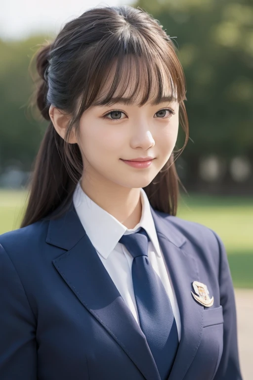 (in 8K, Best Quality, masutepiece:1.2), (Realistic, Photorealsitic:1.37), Ultra-detailed, 1 girl,Cute, Solo,Beautiful detailed sky,(nose blush),(Smile:1),(Closed mouth) ,small tits,Beautiful detailed eyes, tie hair under chin,Twintail hair countryStyle, navy blue scrunchie,fullllbody, school uniform with navy blue tie