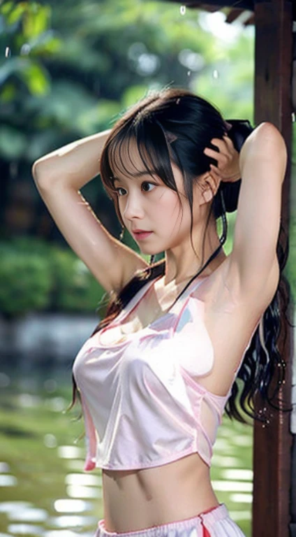 Master quality, highest quality, best picture quality, exaggerated details, a cute 8 year old asian with a shy expression, adjusting her hair, long hair, small breasts, in hanfu chinese, posing in front of the camera, wet throught rain, wet breast, upper body, sweating, sweat