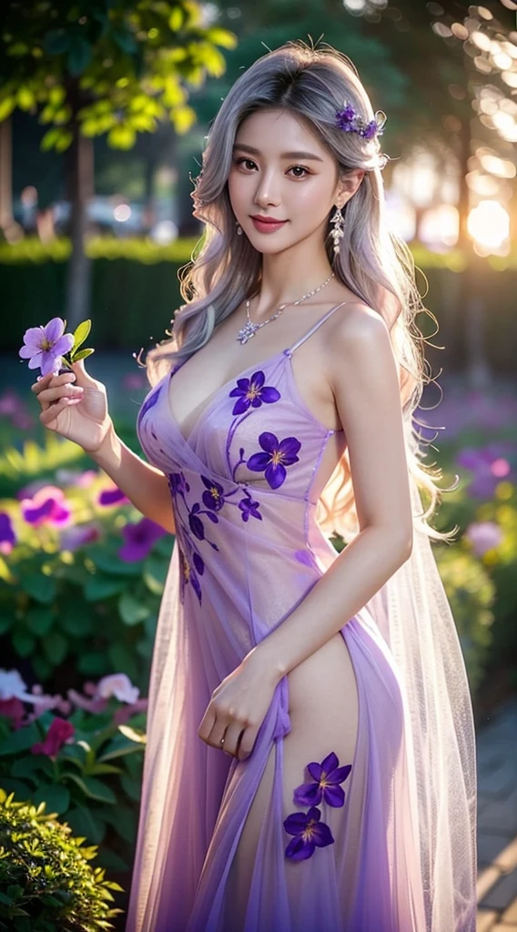 eventide,take up close,Sunset,Luxurious violet print floral tulle princess dress,Supermodel figure,Hold a violet flower and smell it,,8K,beautiful make up,hyper HD,Cinematic quality,Best quality,Highly detailed facial details,Beautiful and sexy Chinese supermodel,,are standing,Bigger chin,Longer chin, sexually attractive,Go straight,Soon,Natioles flowers blooming on the shore,,Violet Garden,great garden,Blooming violet flower with many fireflies,,Vibrant smile,Luxury Earrings Gorgeous Necklace,Bigchest,profesional lighting,Tall figure,Slightly toned body,,Colorful body painting,silvery white gradient hair,,,flowing wavy hairstyle,mid - length hair,Happy laughter