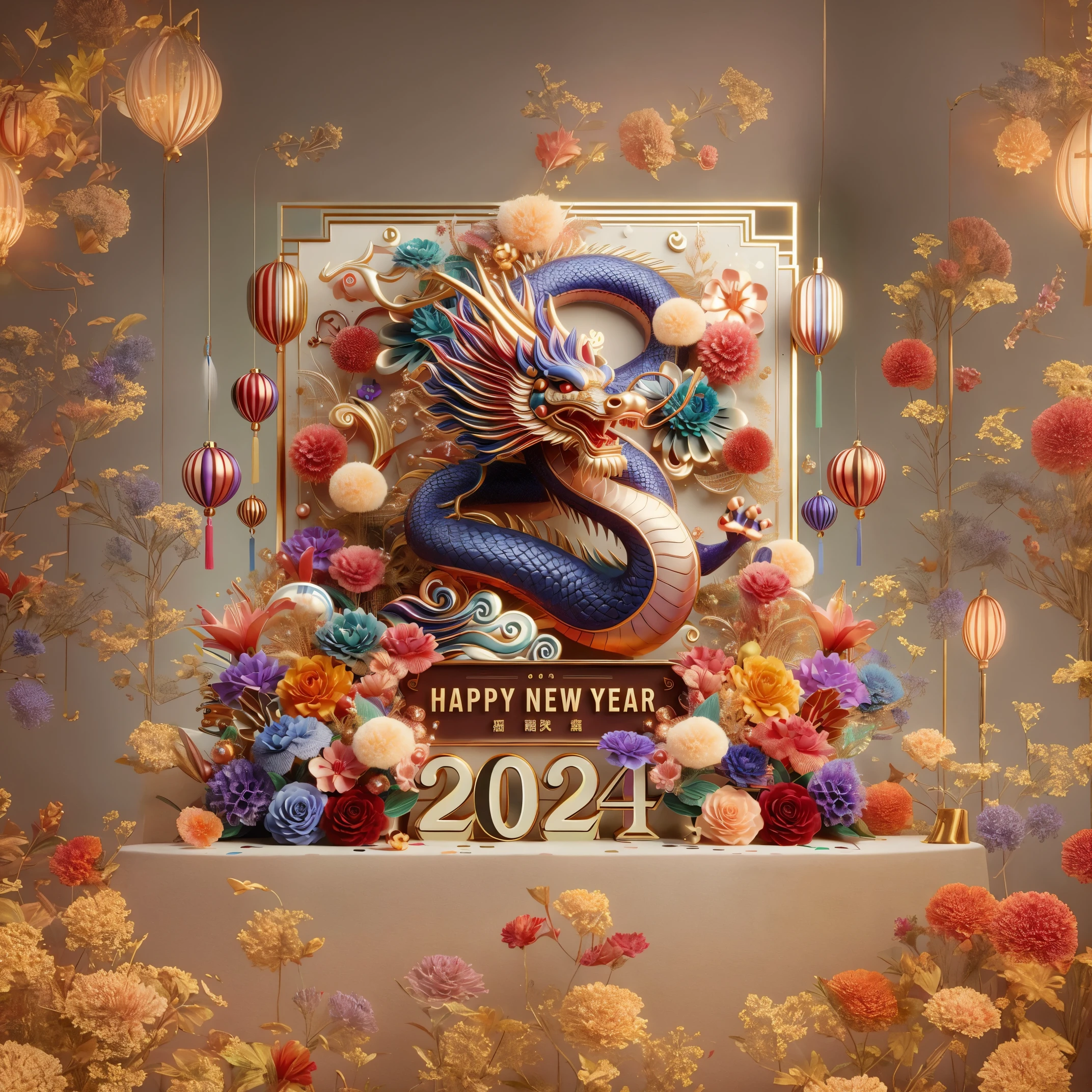 a close up of a dragon statue with flowers and decorations, 2 0 2 3, 2023, 2 0 2 2, 2022, 2 0 2 4, 2024, year 2447, official artwork, china silk 3d dragon, year 2 0 2 2, 2021, 2 0 2 1, album art