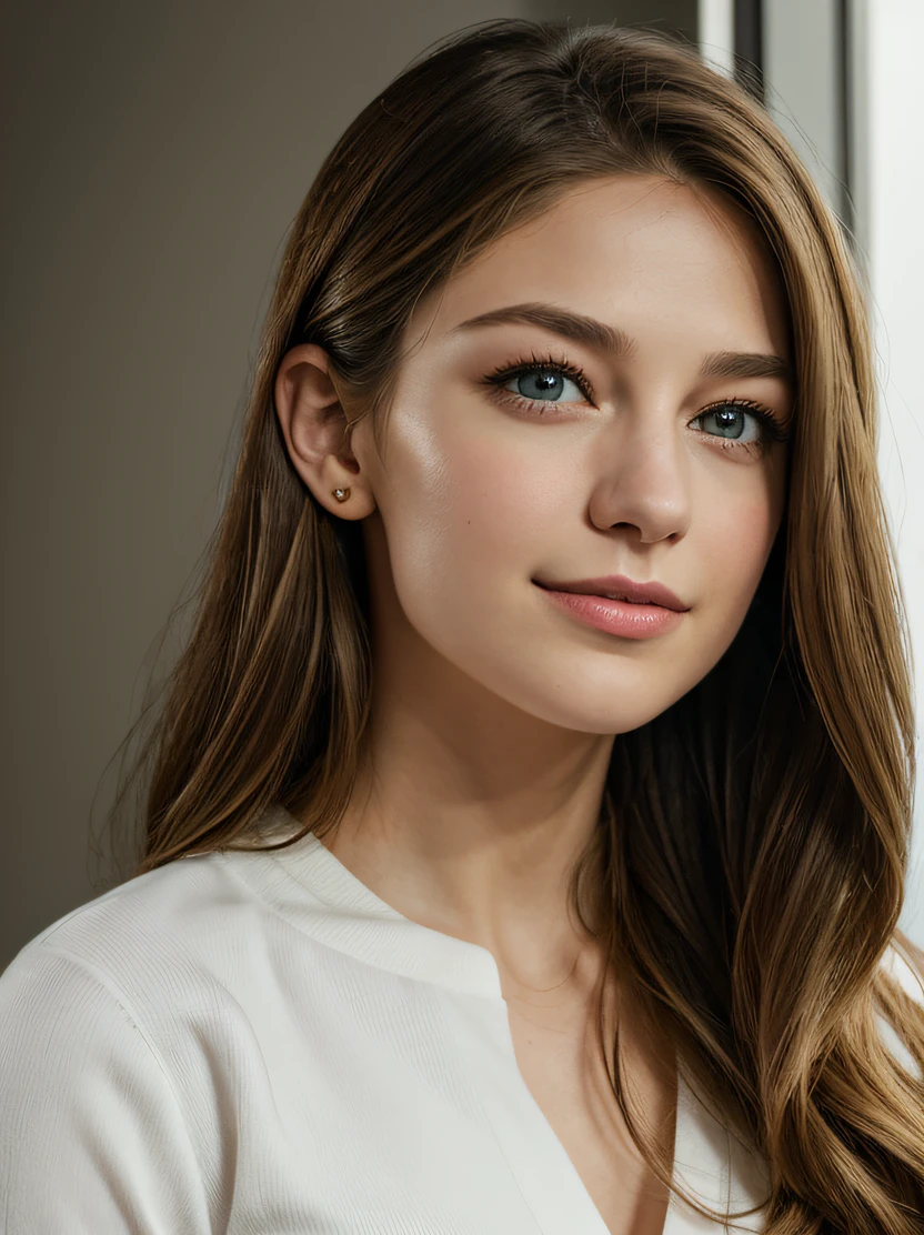 ((​masterpiece、top-quality、realisitic、ultra-detailliert、hight resolution、Photorealsitic、foco nítido、lighting like a movie))、sony premium camera、in 8K、Photographing a beautiful girl from the front、Melissa Benoist、Plain background、With an oval face and symmetrical facial structure、Big eyes、Khazar eye color、almond shape eyes、Straight and balanced nose、soft wavy dark golden hair、heart-shaped lip、Perfect eyebrows、Perfect ears、Soft skin、pale white skin、raise your chin slightly、Mouth closed、smil 、Bright light、High color saturation、High contrast、1girl in、Melissa Benoist - SMF、blondehair、Long hair