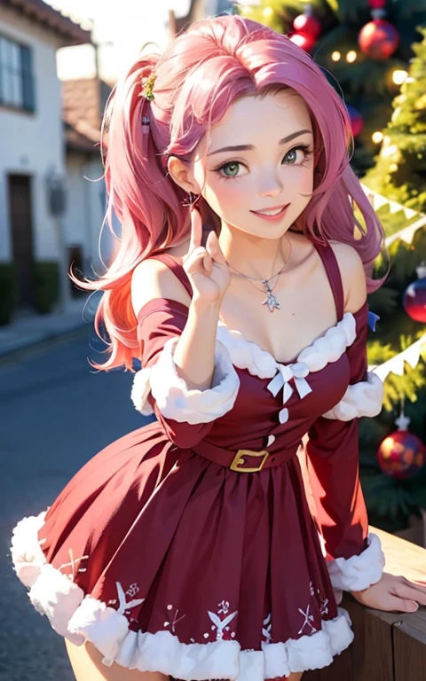 (La mejor calidad, Obra maestra), 1girl, 21 year old , brillar, vestido, Particle, viento, Flor, Parte superior del cuerpo , Mirando al espectador, cabello largo , lindos ojos , vestido rojo de navidad , Christmas Dress , maquillaje , labios rojos , sombra de ojos , hermosa sonrisa , background with christmas , senos grandes , largo cabello color rosa, foto de cuerpo completo , pose sexy , Fluttershy , ojos color azules, linda sonrisa , ropa roja santaclaus