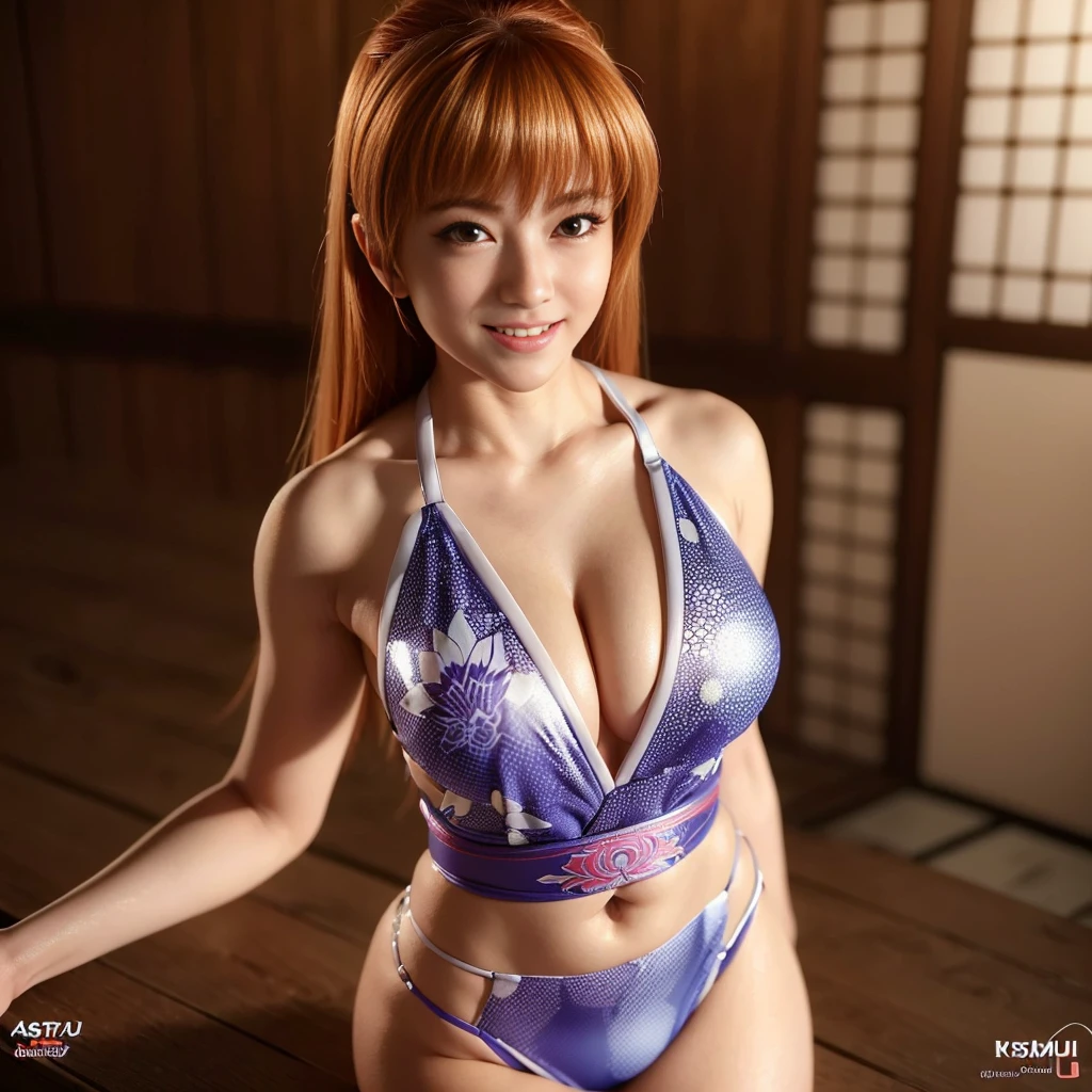 "KASUMI" (best quality,ultra-detalhado,Realistic:1.37), retrato, smiling expression, olhos castanhos, textura de pele delicada e suave, Corpo Perfeito, textura ultra realista,