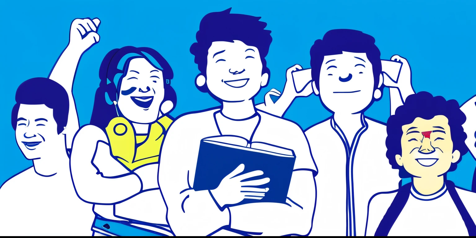 A group of people look up, some are wearing headphones, some are holding textbooks in their hands, with smiles on their faces, cartoon style