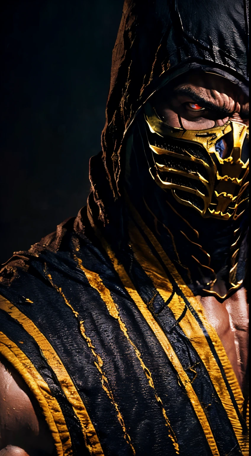 Scorpion from mortal kombat, muscular body, fiery eyes, battle, 8k close-up, fierce