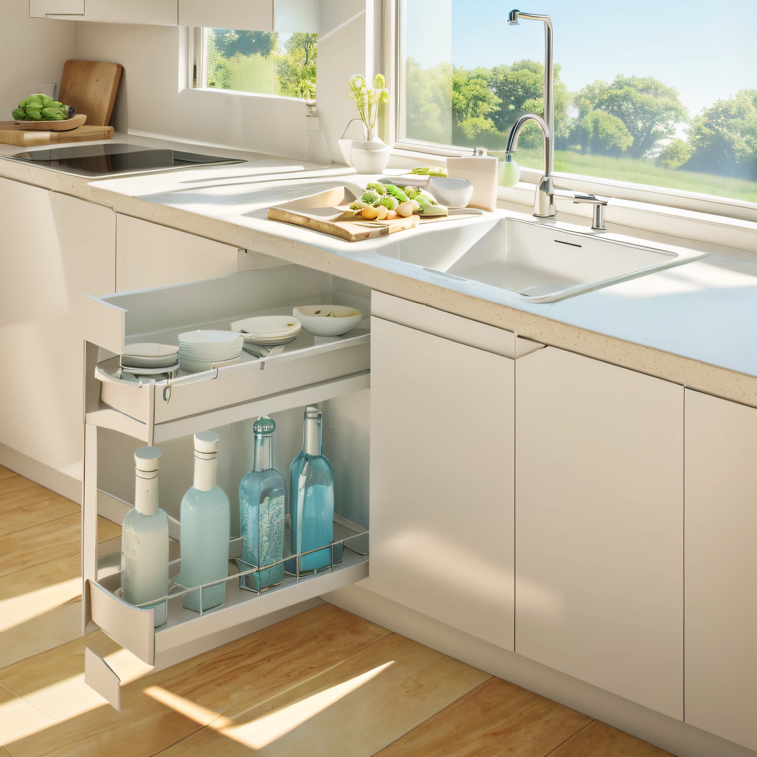 There is a kitchen,There is a sink and a counter,There is a basket on it, brilliant morning light, hero shot, real rendering, Sunny morning, thing, artistation render, rendering, Real product renderings, Delicious food, morningglow, Product renderings, Surreal, ginger pubic hair, Bottom corner, Thousand households, highly photographic render, Perfect refreshing sunshine 4k HD
