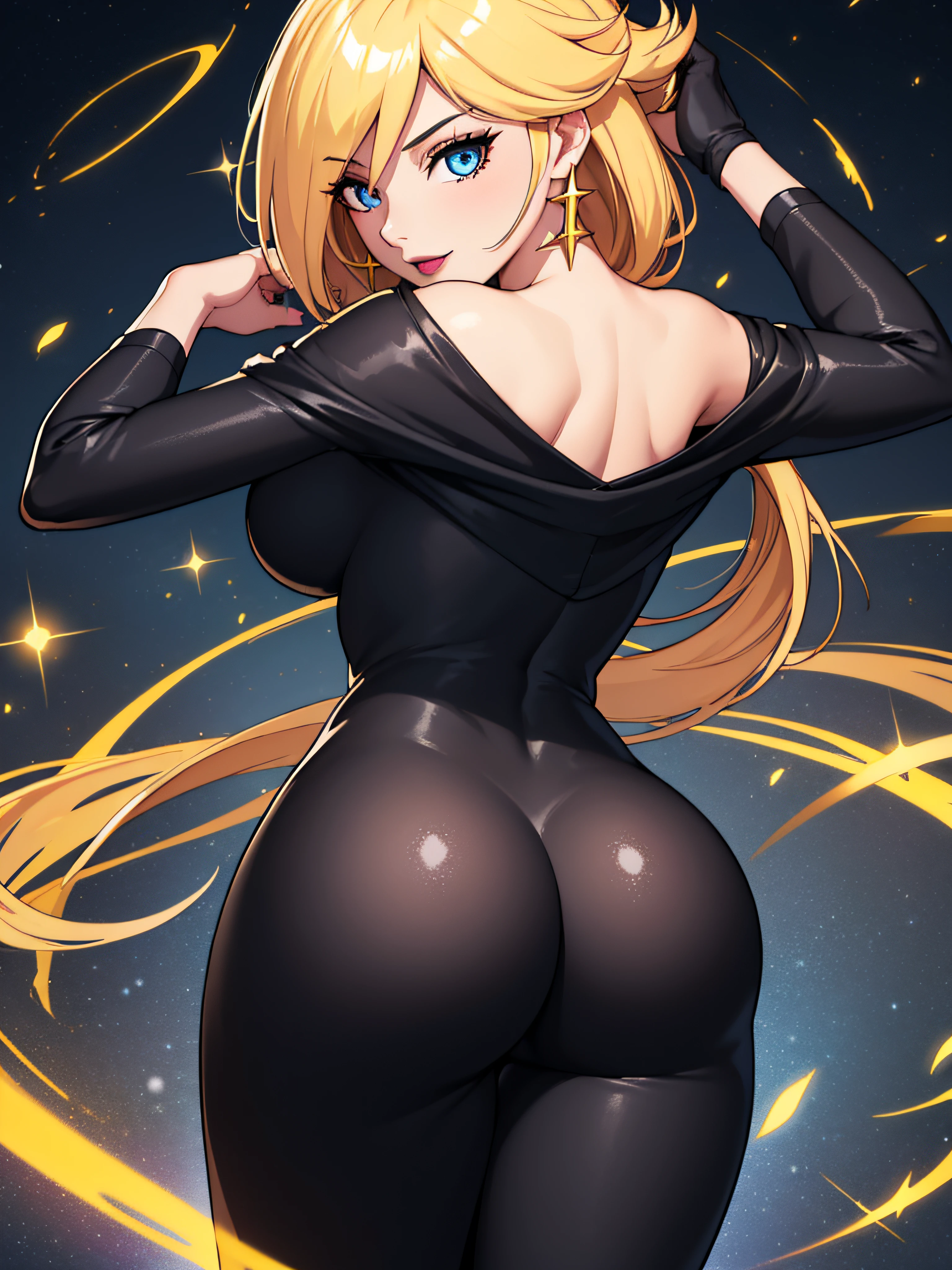 ((high detailed, best quality, 4k, masterpiece, hd:1.3)), Rosalina, blue eyes, BREAK blue eyes, seductive, attractive, sexy smile, smiling, smooth anime cg art, 36C breasts, long legs, vivid colors, detailed digital art, slim body, perfect skin, blonde hair, hair over one eye, long hair, BREAK crown, cleavage, 36C cleavage, looking at viewer, BREAK looking at viewer, extremely detailed face, golden dress, shiny golden dress, golden dress with sparks, earrings, star earrings, jewelry, gem, dark black makeup lips, dark gothic eyeshadows, dark eyeshadows, black eyeshadows, black sexy lips, black lips, (dark:1.2), dark lips, very dark lips, (perfect hands, perfect anatomy), black makeup, black medium lips, black thick lips, detailed fingers, five fingers per hand, 5 fingers, (1 girl), detailed lips, detailed black lips, black painted lips, gothic painted lips, BREAK night, night sky, sky, star \(sky\), star \(symbol\), space, sun, (breast focus), (arms behind back:1.2), (from below:1.1), (breasts out:1.3), (off shoulder:1.1), (((With your back turned:1.5, Looking Back Pose))), ((Looking back)), (from behind: 1.1)