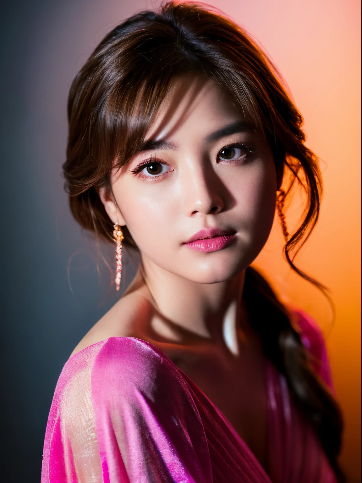 High-quality images,actress wearing pink dress、Fashion Portrait Color Photo, 1womanl, neon light illumination