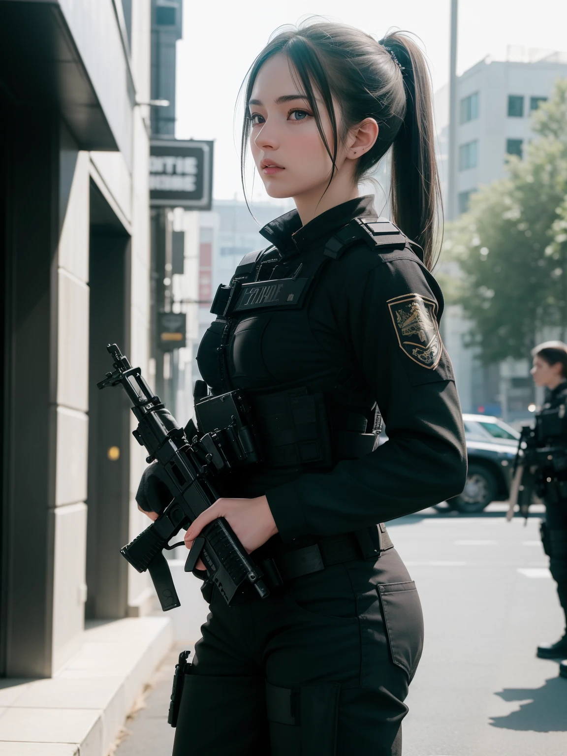 ((top best quality)), ((masterpiece)), (detailed), beautiful lighting, best quality, realistic, full body portrait, real picture, intricate details, depth of field, 2girls, muscular solider girls with long ponytail haircut, around 20 years old wearing a black uniform holding a gun in the hallway, wearing Swat tactical gear, photography of a techwear woman, dressed in Swat tactical armor, black Swat tactical gear, Tactical vest and holster, Beautiful Female Soldiers, Holding a rifle, closeup portrait shot, Have an MP7, holding rifle, special forces security, airsoft cqb, highly-detailed, perfect face, blue eyes, lips, wide hips, small waist, tall, make up, Fujifilm XT3, outdoors, bright day, Beautiful lighting, RAW photo, 8k UHD, film grain, ((bokeh))