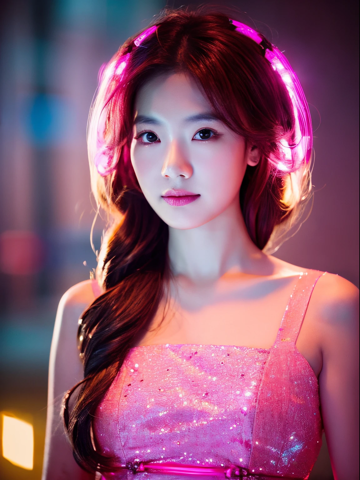 High-quality images，actress wearing pink dress、Fashion Portrait Color Photo, 1womanl, neon light illumination