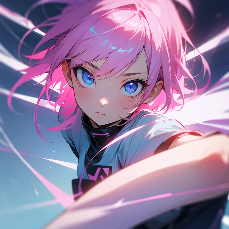 A girl with pink hair and light blue eyes