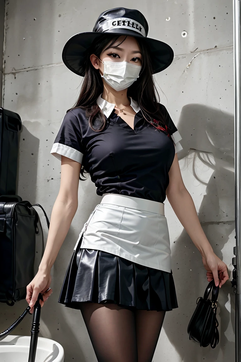 masterpiece, high-detail, the most erotic nurse in the world, (UHD, 8K wallpaper, High resolution), Cinematic lighting, physically-based rendering, award-winning, extremely detailed skin, extra detailed face, high detail eyes, Carl Zeiss 85 mm F/1.4, by Ellen von Unwerth, asian, covid mask, age 26, long black hair, medium boobs, camel toe, legs open, stockings, covid mask, (pvc covid mask), (red biohazard symbol on either side of covid mask), (pvc nurse hat), short pleated skirt, legs open, ( white panties slightly visible under pleated skirt ), ( spiked leather collar ), ( Holding riding crop ), eyeliner, ( black eyeliner ), legs open, ( abandoned empty warehouse ) ( abandoned empty hospital ), on toilet, legs open