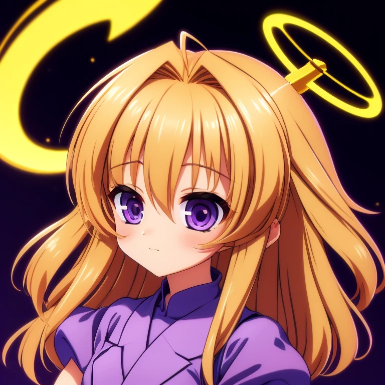 (masterpiece, best quality, ultra-detailed), retro anime, 2000s anime, 2000s anime, 2000's inspired anime, 1girl, golden hair, purple eyes, gold, golden, glowing, mechanical arms, fire, (halo), black background,