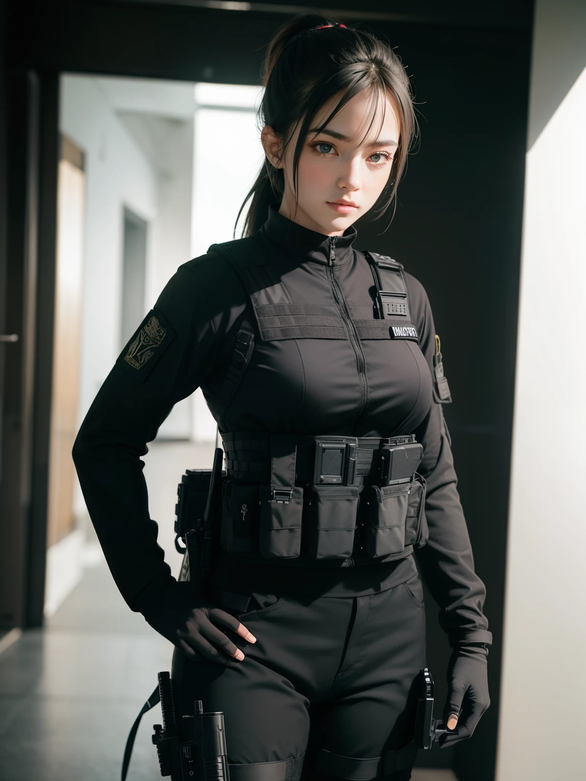 ((best quality)), ((masterpiece)), (detailed), beautiful lighting, best quality, realistic, full body portrait, real picture, intricate details, depth of field, 1girl, A very muscular solider girl with long ponytail haircut, around 20 years old wearing a black uniform holding a gun in the hallway, wearing Swat tactical gear, photography of a techwear woman, dressed in Swat tactical armor, black Swat tactical gear, Tactical vest and holster, Beautiful Female Soldier, Holding a rifle, closeup portrait shot, Have an MP7, holding rifle, special forces security, airsoft cqb, highly-detailed, perfect face, blue eyes, lips, wide hips, small waist, tall, make up, Fujifilm XT3, outdoors, bright day, Beautiful lighting, RAW photo, 8k UHD, film grain, ((bokeh))