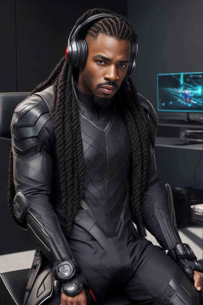 arafed man in a black and red suit sitting in a chair with headphones, 3 d render character art 8 k, cyber suit, black thor, artstation mans aesthetic, wakanda, 8k portrait render, black scales and cyborg tech, cyberpunk suit, black octane render, diverse cybersuits, high res render, black cyberlox, commission for high res