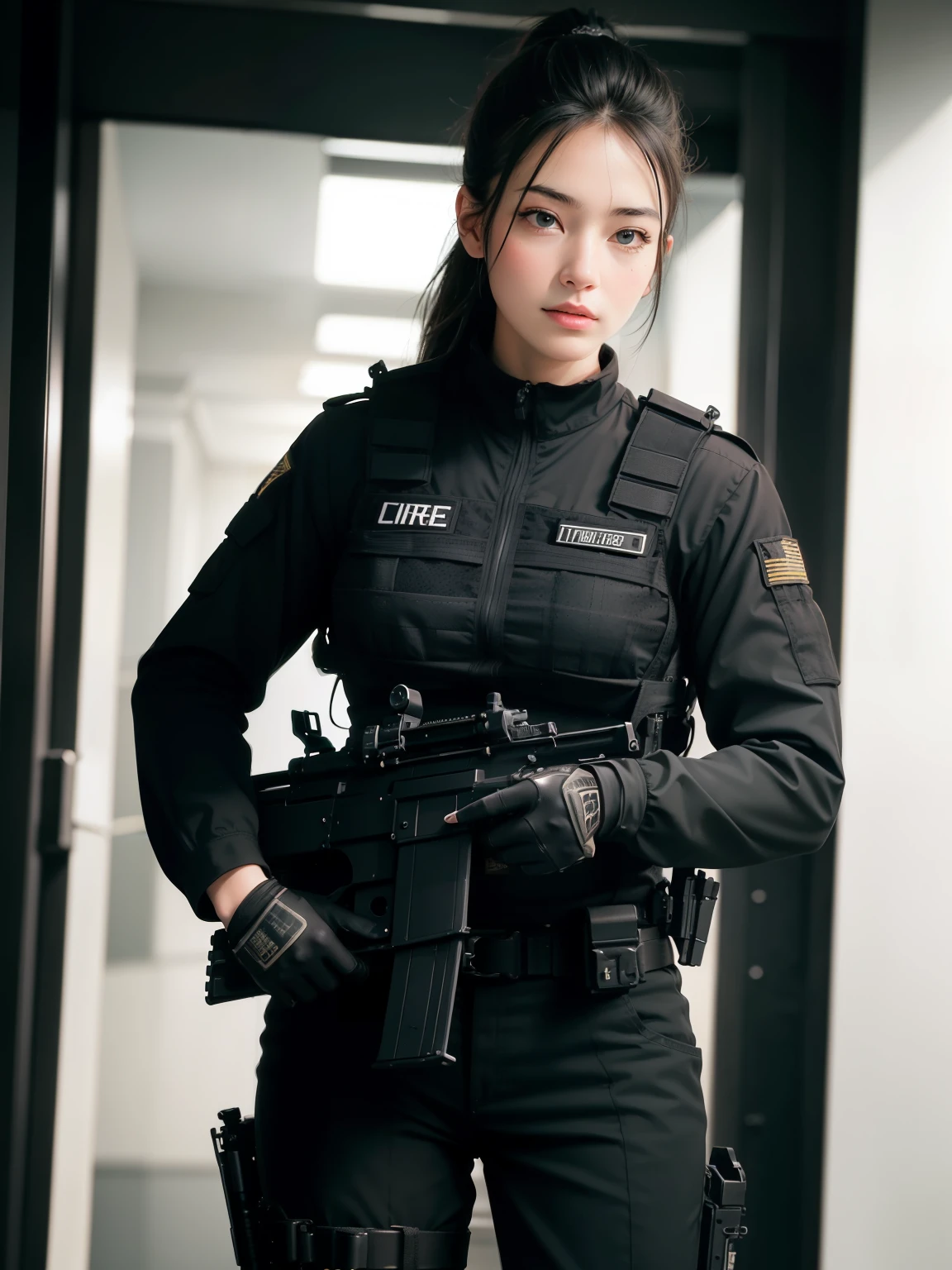 ((top best quality)), ((masterpiece)), (detailed), beautiful lighting, best quality, realistic, full body portrait, real picture, intricate details, depth of field, 2girls, muscular solider girls with long ponytail haircut, around 20 years old wearing a black uniform holding a gun in the hallway, wearing Swat tactical gear, photography of a techwear woman, dressed in Swat tactical armor, black Swat tactical gear, Tactical vest and holster, Beautiful Female Soldiers, Holding a rifle, closeup portrait shot, Have an MP7, holding rifle, special forces security, airsoft cqb, highly-detailed, perfect face, blue eyes, lips, wide hips, small waist, tall, make up, Fujifilm XT3, outdoors, bright day, Beautiful lighting, RAW photo, 8k UHD, film grain, ((bokeh))