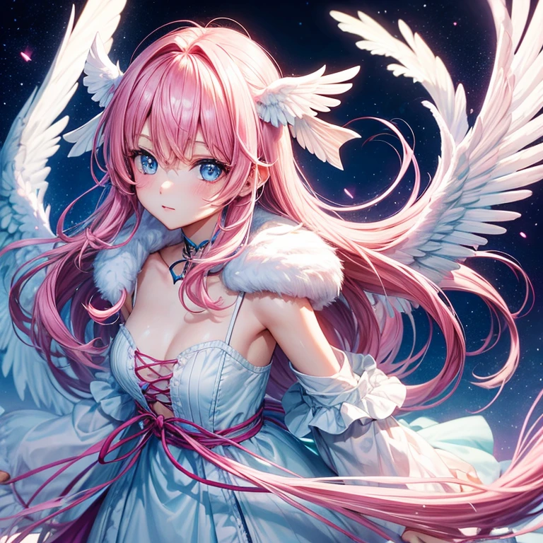 Make a girl with pink hair and light blue eyes an angel