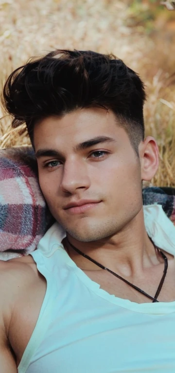 A handsome boy, 25 years old, brown spiky hair, light hazel brown eyes, masculine pose standing in a meadow, mysterious lighting, muscular physique, looking into the camera, upper body close up