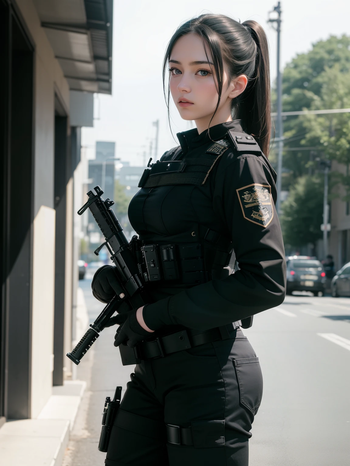 ((best quality)), ((masterpiece)), (detailed), beautiful lighting, best quality, realistic, full body portrait, real picture, intricate details, depth of field, 1girl, A very muscular solider girl with long haircut, around 20 years old wearing a black uniform holding a gun in the hallway, wearing Swat tactical gear, photography of a techwear woman, dressed in Swat tactical armor, black Swat tactical gear, Tactical vest and holster, Beautiful Female Soldier, Holding a rifle, closeup portrait shot, Have an MP7, holding rifle, special forces security, airsoft cqb, highly-detailed, perfect face, blue eyes, lips, wide hips, small waist, tall, make up, Fujifilm XT3, outdoors, bright day, Beautiful lighting, RAW photo, 8k UHD, film grain, ((bokeh))