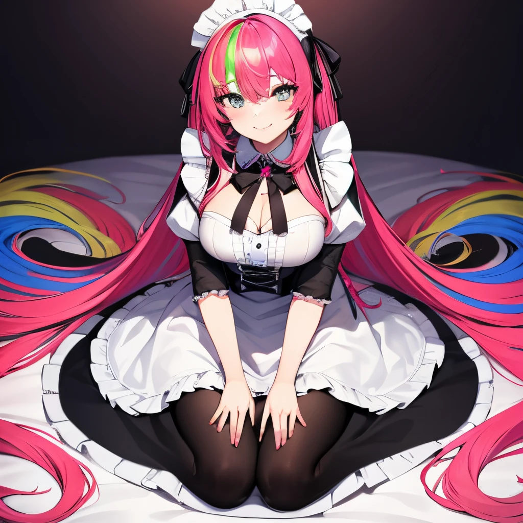 big hair,
color: spectrum,
hair extensions,
lip filler, french maid uniform,
rainbow hair,
very long hair,
vivid colors, large breasts, smile, bedroom, kneeling