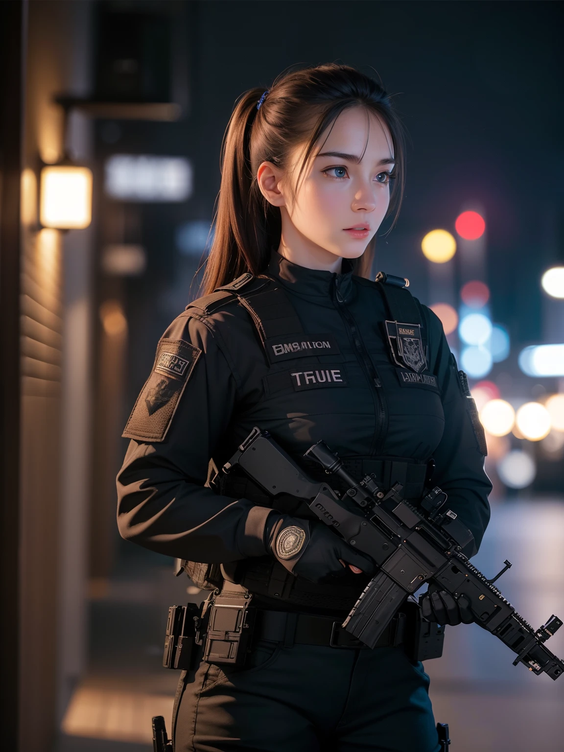 ((best quality)), ((masterpiece)), (detailed), beautiful lighting, best quality, realistic, full body portrait, real picture, intricate details, depth of field, 1girl, A very muscular solider girl with long haircut, around 20 years old wearing a black uniform holding a gun in the hallway, wearing Swat tactical gear, photography of a techwear woman, dressed in Swat tactical armor, black Swat tactical gear, Tactical vest and holster, Beautiful Female Soldier, Holding a rifle, closeup portrait shot, Have an MP7, holding rifle, special forces security, airsoft cqb, highly-detailed, perfect face, blue eyes, lips, wide hips, small waist, tall, make up, Fujifilm XT3, outdoors, bright day, Beautiful lighting, RAW photo, 8k UHD, film grain, ((bokeh))