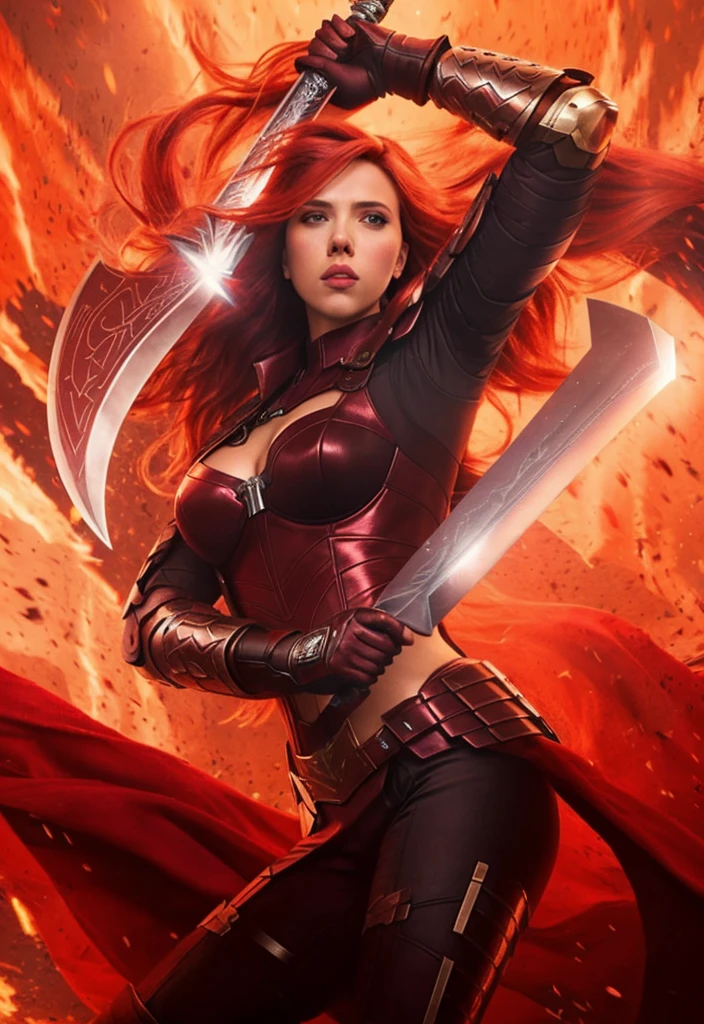 actress scarlett johansson, Boundy hair, armour, Power sword.