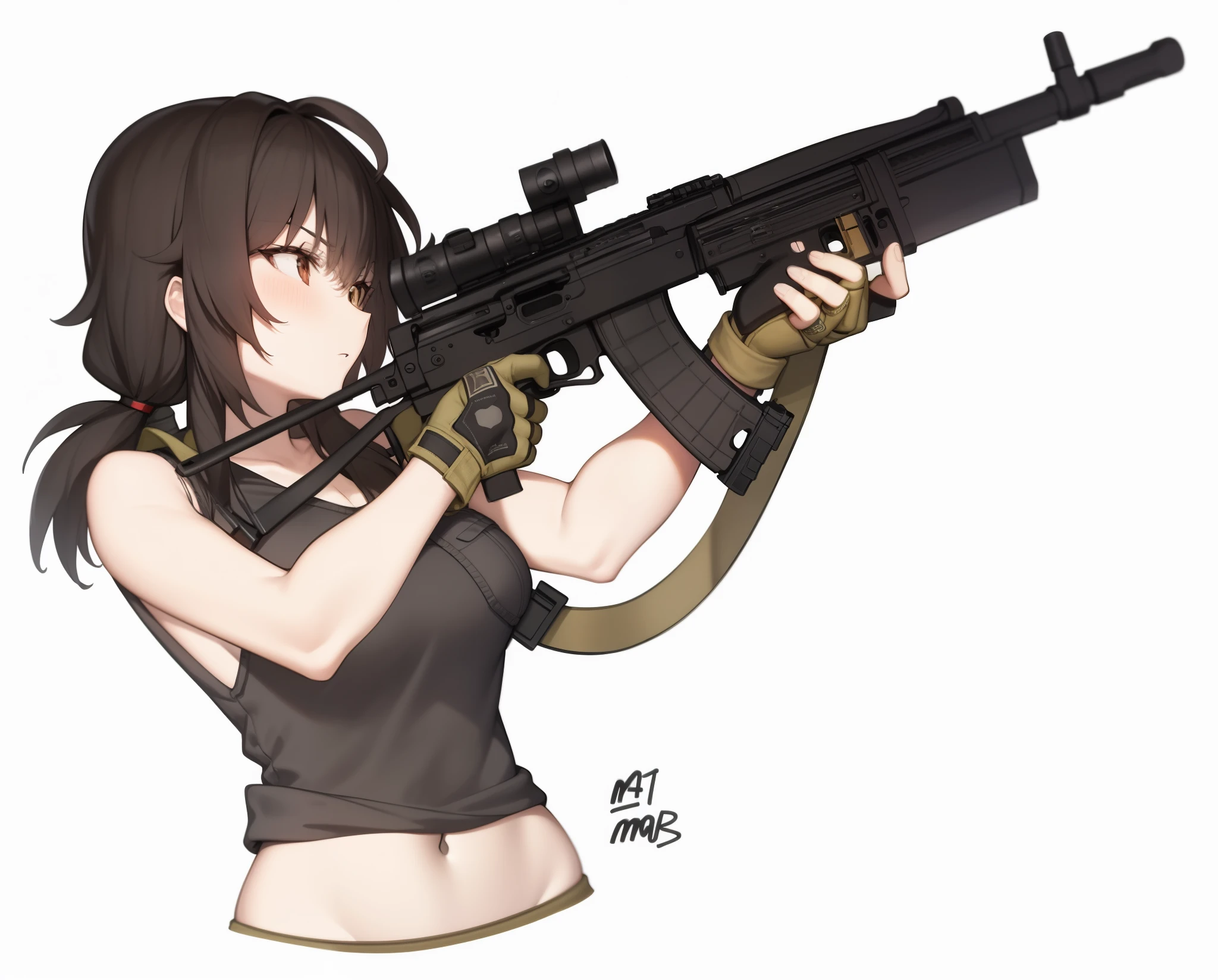 Cartoon image of a woman, holding a rifle and pistol, with rifle, holding pdw, Wielding an assault rifle, quiet from metal gear solid v, Anime machine-gun fire, quiet from metal gear solid, M4 Sopmod II Girls on the Front Lines, holding rifle, infantry girl, badass pose, of a sniper girl in war, Heavily armed, cel - shaded art style