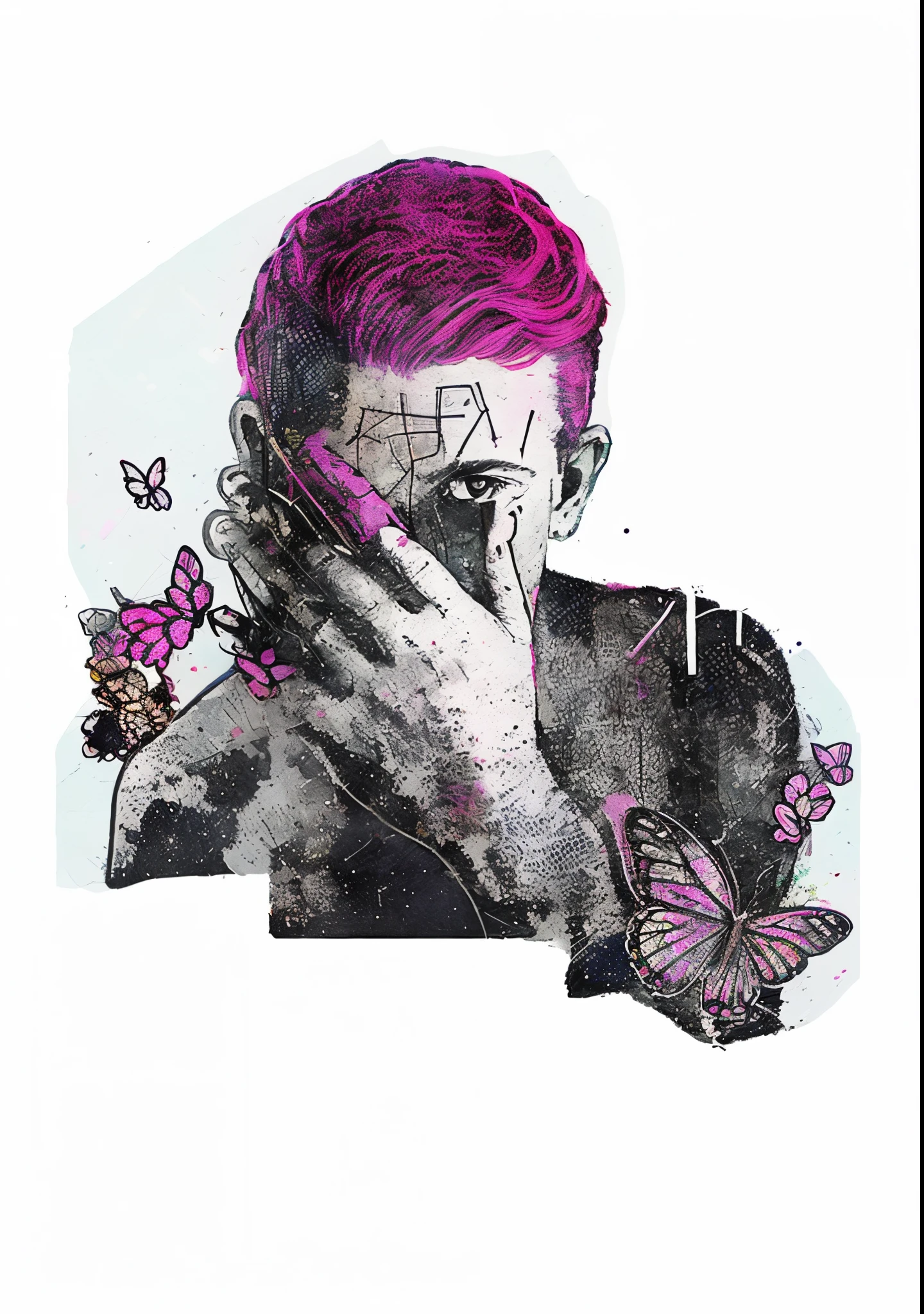 There is a painting，Drawing of a man with pink hair and butterfly tattoo, digital collage, peeping, Collage artwork, low res, mixed media style illustration, mental breaking, pink face, Official artwork, Mike Miller&#39;last portrait, overload, colored, drawn with photoshop, colored album art, Purple head, Digital illustration, unfinished, Mixed media illustration, ( Collage )