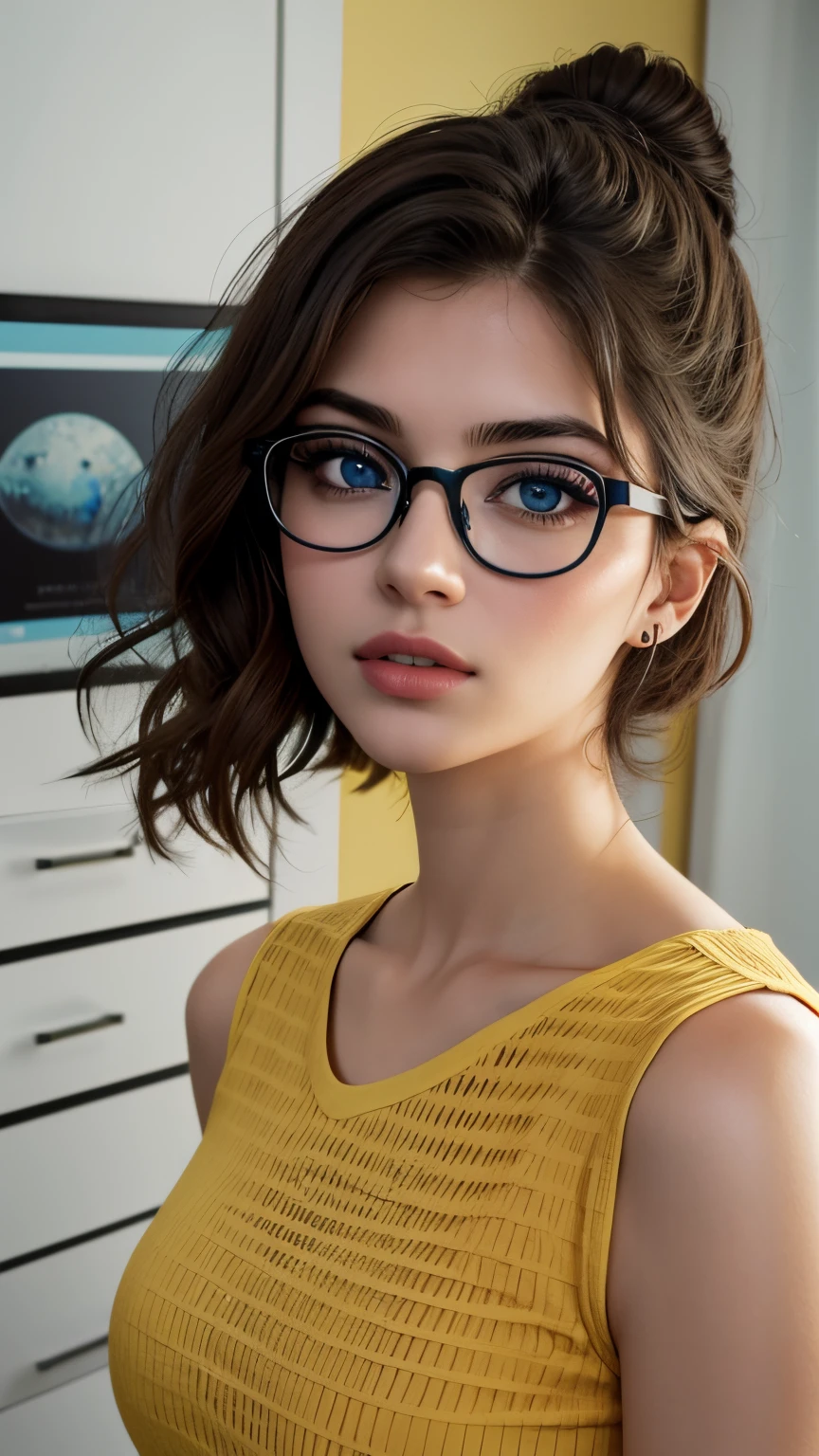 There's a woman with glasses and a yellow top posing for a photo, Directed by: Nandor Soldier, Valentina Embaralhamento, blue symmetric eyes 24yo, With eye Glasses, qualidade muito baixa, fotografia, 1 8 I, cerca de 20 yo, girl with glasses, imagem frontal, imagem do avatar, em torno de 1 9 anos, 2 5 I