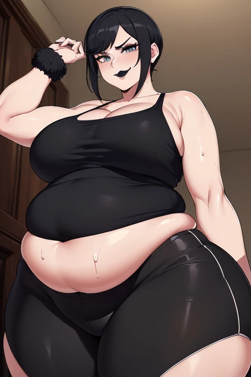 (Masterpiece, Best Quality, High Quality:1.4), (professional artwork, extremely detailed girl:1.0), 8k, detailed eyes, perfect face, 2girl, (voluptuous, mature female, plump, large lips:1.2), wide ????, thick thighs, heavy makeup, bottom heavy:1.4), (?????????????, long eyelashes, dark eyeshadow, looking at viewer, bright eyes, close up, annoyed, angry, huge ???, massive thighs, huge ????, sweat, sweaty, from below, fat, obese, big belly, huge belly, sagging ???????, sagging belly, cruel smile, sadistic smile, bloated belly, wobbling belly, goth girl, black hair, black lipstick