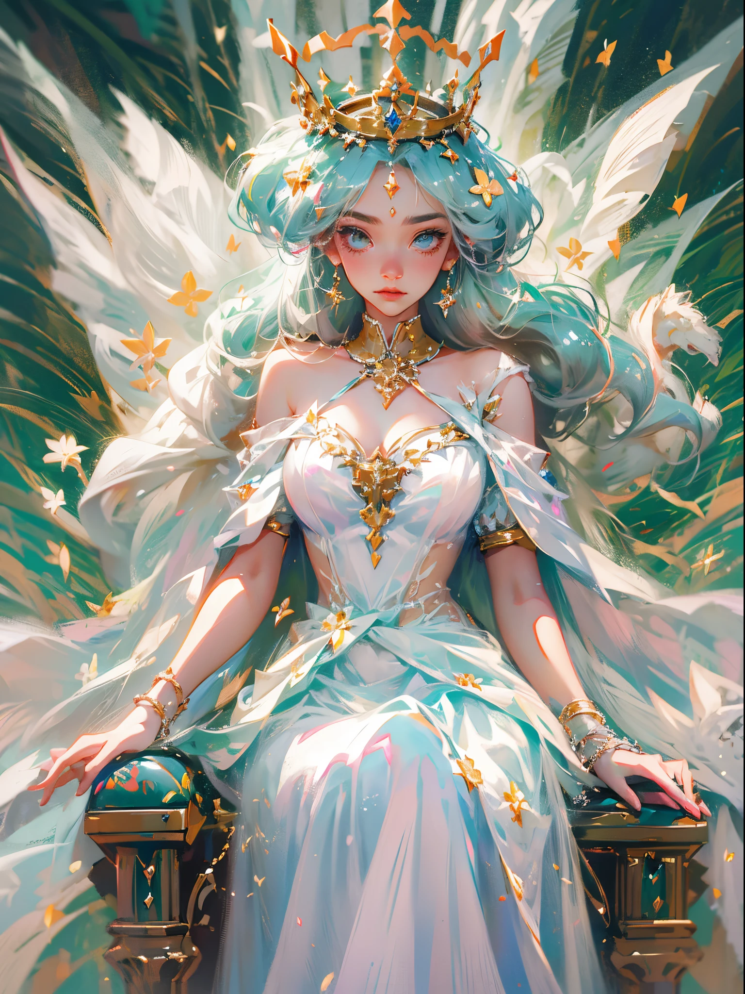 There is a woman in a white dress with a crown on her head, a beautiful fantasy queen, ((beautiful fantasy queen)), a portrait of a princess, a work of art in the Guvez style. 5D CGI anime fantasy artwork, 8K high quality detail art