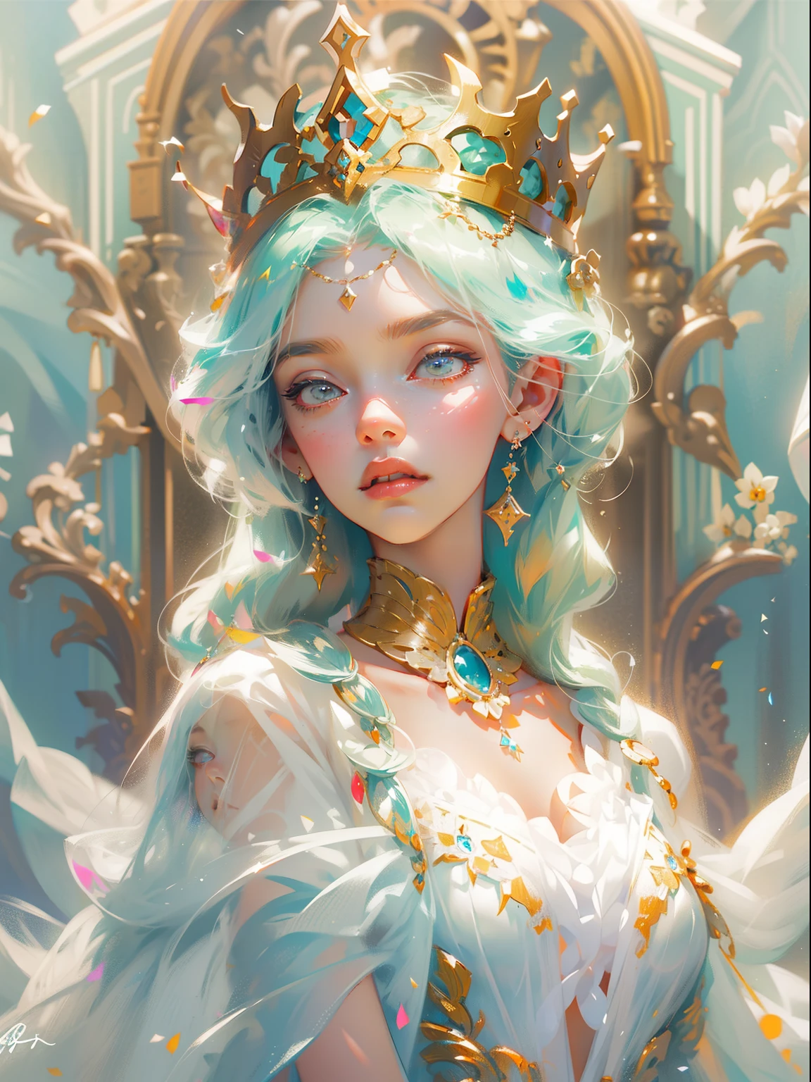 There is a woman in a white dress with a crown on her head, a beautiful fantasy queen, ((beautiful fantasy queen)), a portrait of a princess, a work of art in the Guvez style. 5D CGI anime fantasy artwork, 8K high quality detail art